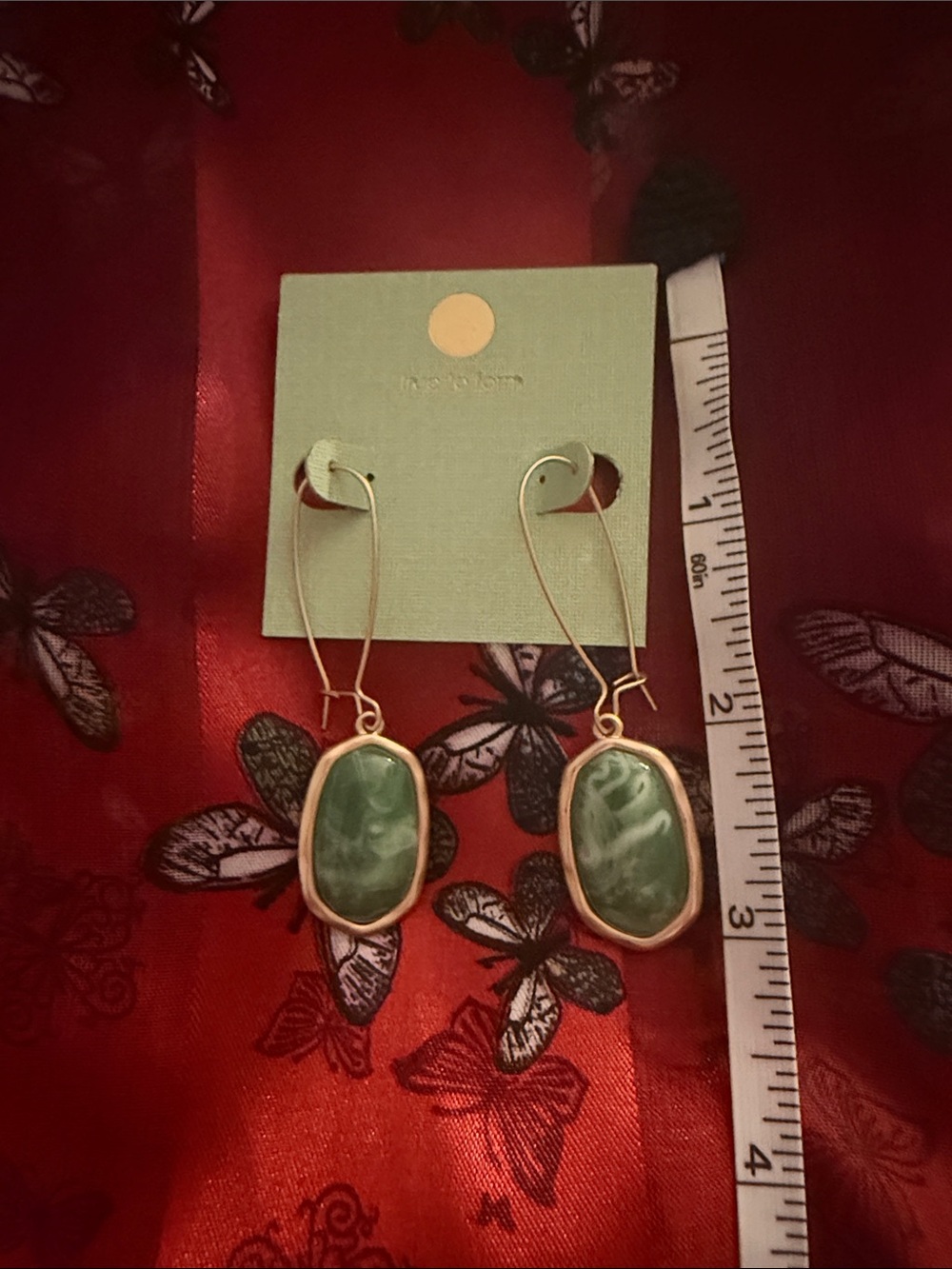 Gold Drop Earrings with Green Stone Inlay